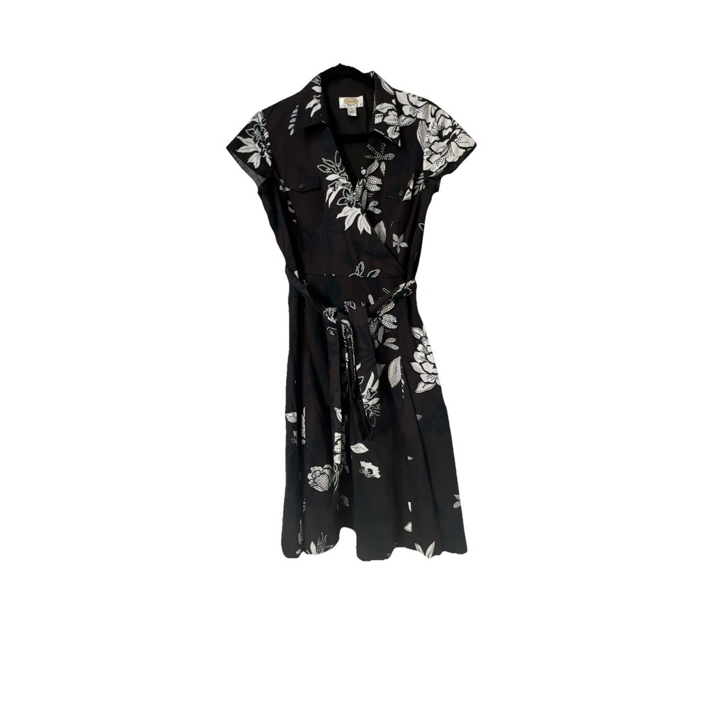 Talbots Black Floral Midi Dress with White Print